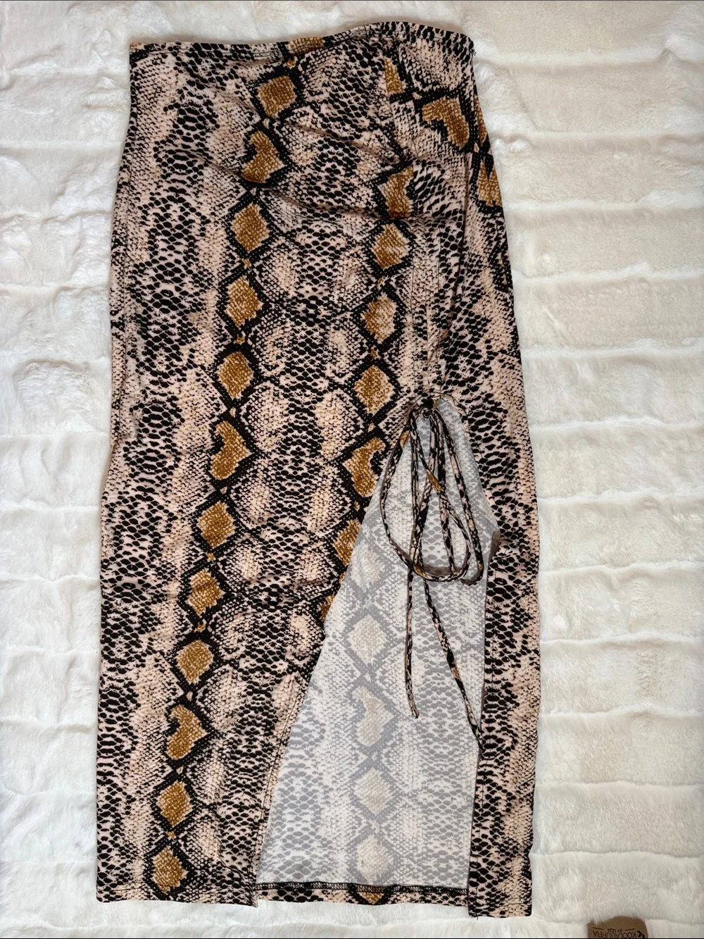 Snake Print Drawstring Side Slit Midi Skirt - Brown & Black
